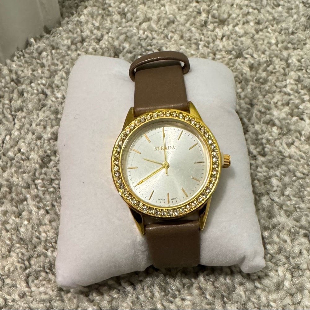 Strada Austrian Crystal Japanese Movement Watch with Camel Vegan Leather Strap